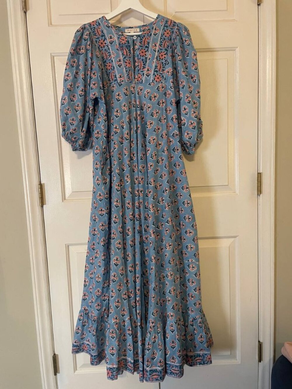 Marea Cotton blue floral Print Baloon Sleeve House dress Maxi Dress Sz 3 large - Picture 2 of 8